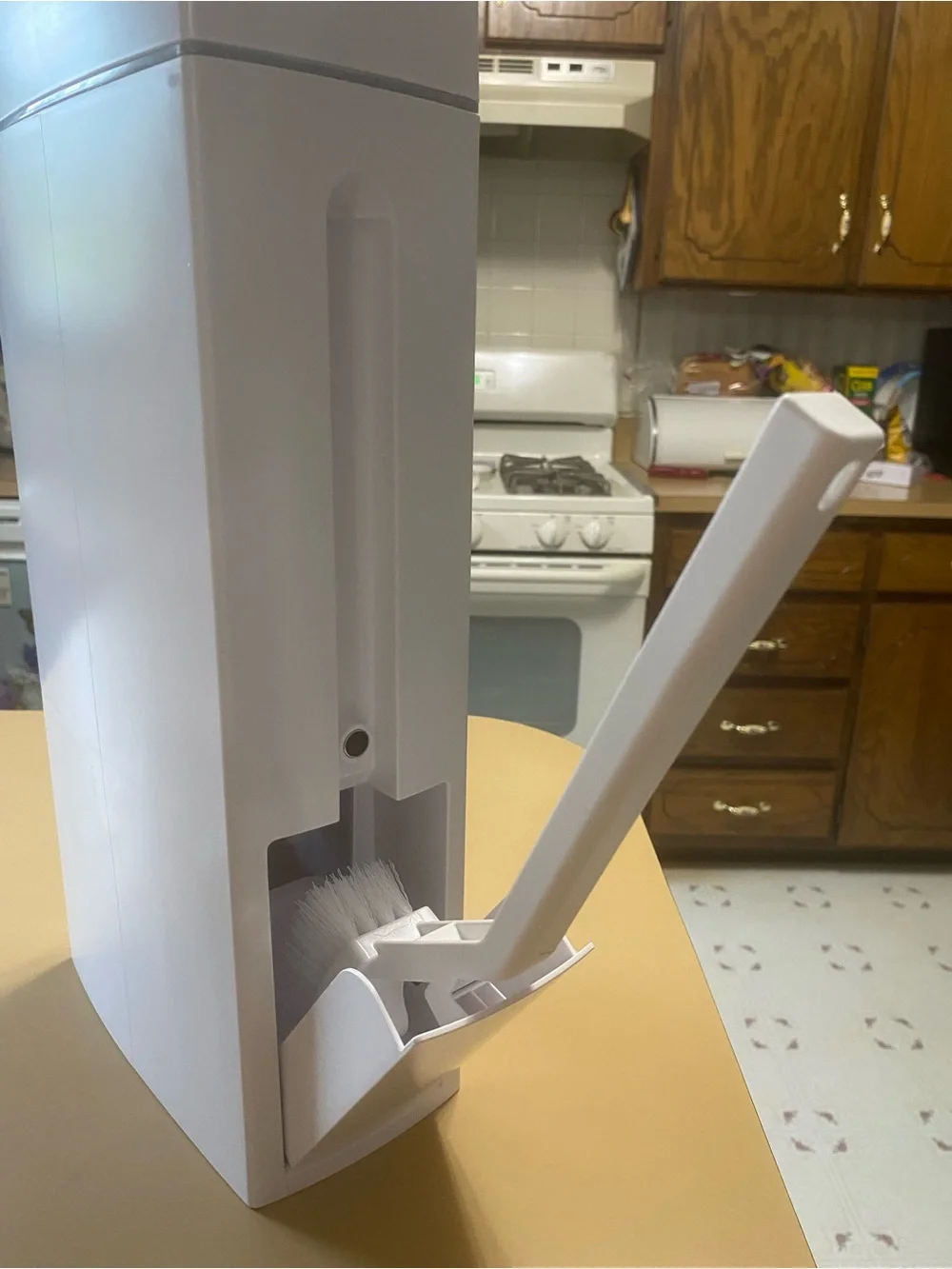 White Plastic Bathroom Trash & Toilet Brush.  Slim design.